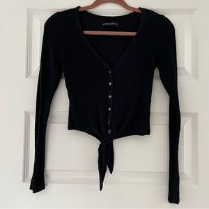 Abercrombie Ribbed Black Long Sleeve Tie-Front Top